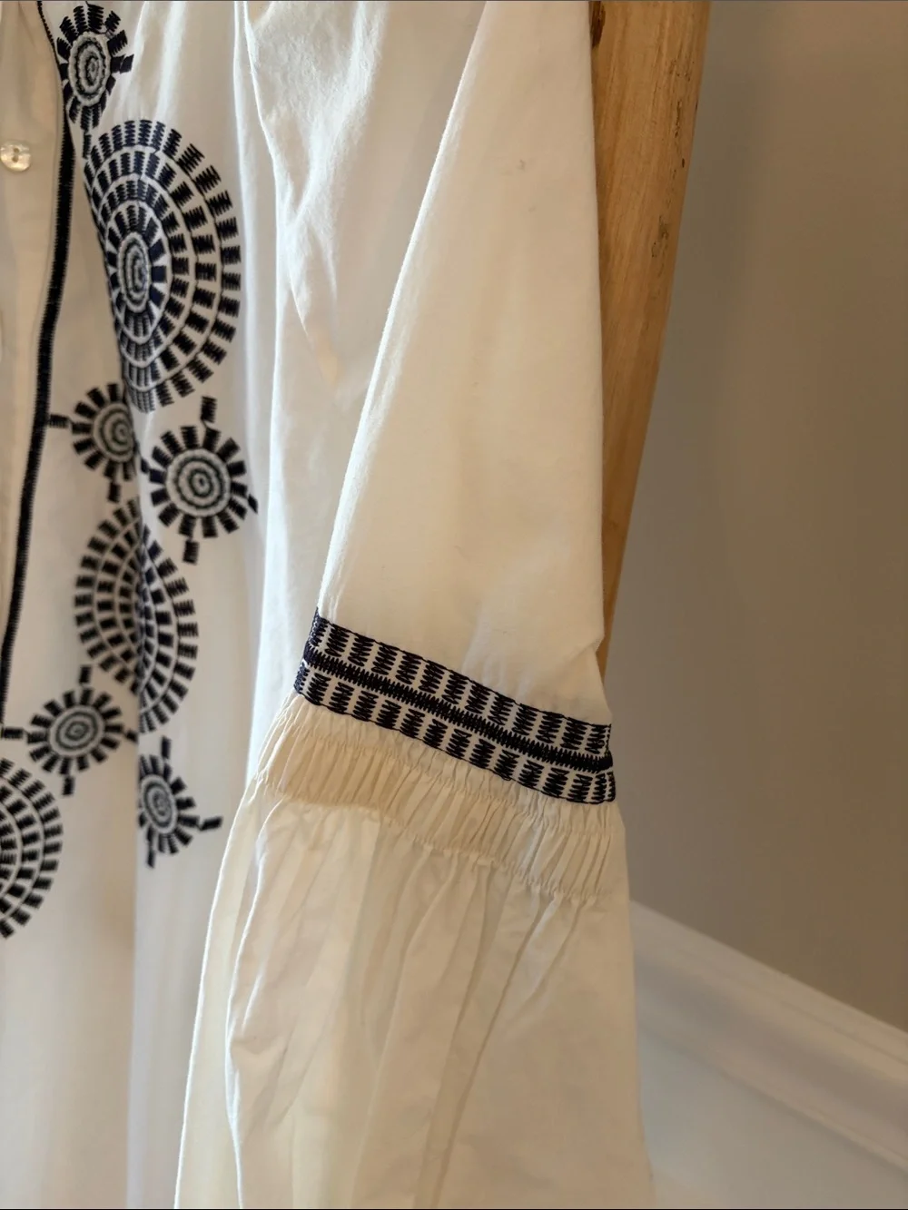 Tory Burch White Cotton Tunic with Navy Geometric Embroidery